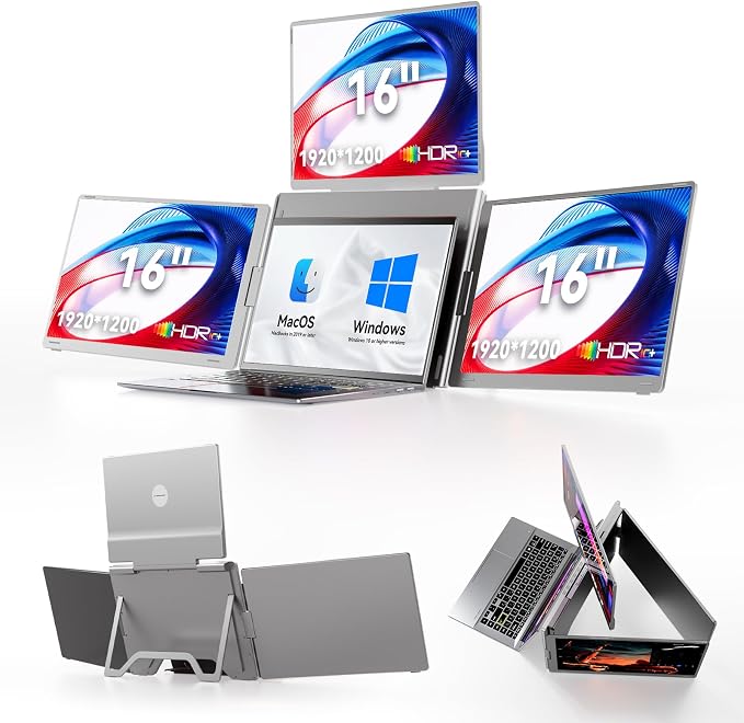 Ladomi 16" Laptop Screen Extender, Just 1 Cable for 3 Screens Quad Monitor, 1200P FHD Screen Extender for 12"-18.5" Laptops, Triple Portable Monitor for Wins/Mac M1|M2|M3|M4|M5