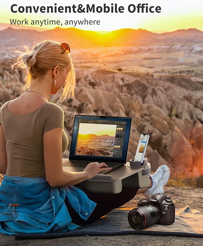 SAIJI Laptop Lap Desk for Bed—Fits Up to 17" Laptops & MacBook,Lightweight Tray Table with Soft Leather Wrist Pad,Sturdy Phone/Tablet Holder, Laptop Stand with Cushion for Home Office/Gaming On Couch