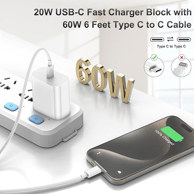 for iPhone16 Charger, 3 Pack 20W USB-C Fast Wall Charger with 6ft C to C Cable for iPhone 16/16 Pro/16 Pro Max/16 Plus/15 Series/iPad Air/iPad Pro and More