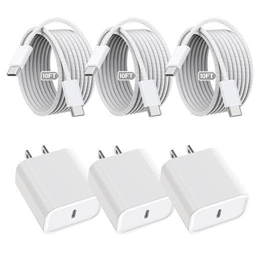 iPhone 16 15 Charger Fast Charging,3Pack 20W Fast Charging USB C Charger with 10Foot Long Type C to C Cable Cord TypeC Block Brick for iPhone 17/16e/16/16Pro/16 Plus/16 ProMax/15 Pro,iPad Air/Pro/Mini
