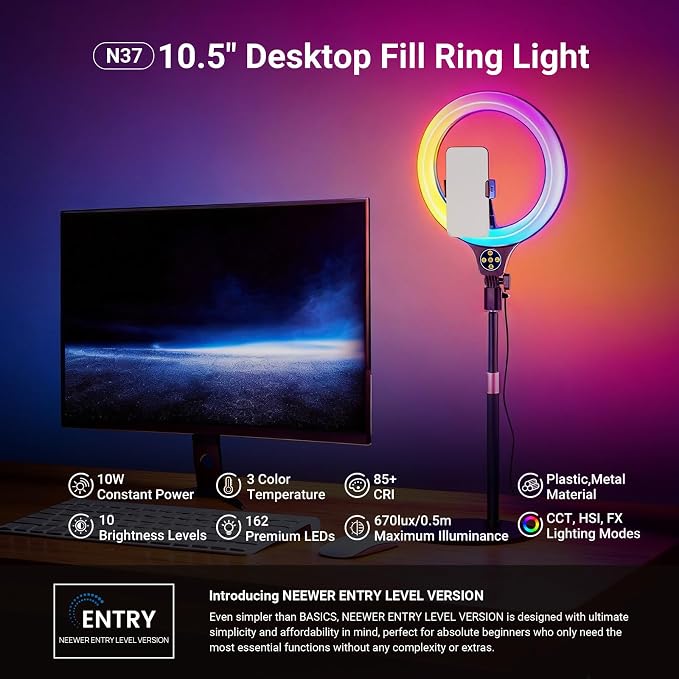 NEEWER ENTRY LEVEL VERSION N37 10.5" RGB Ring Light with Desktop Stand/Phone Holder Compatible with iPhone/Remote, 10W CRI85+ LED Lighting for TikTok YouTube Streaming Recording Laptop Zoom Video Call