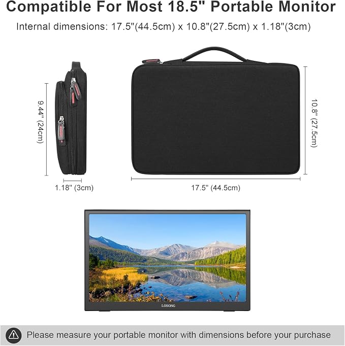 18.5 Inch Portable Monitor Case, 18.5 inch Protective Carrying Cover with PU Handle, Large Accessory Pocket and Water Resistant for Travel Monitor Bag Display Screen Sleeve, Black