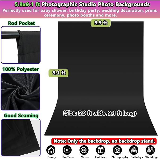 6x9 ft Black Background for Photography, Premium Black Wall Backdrop Curtains Polyester Birthday Party Decoracion Back Drop Content Creator Background Screen for Studio Video Photo Booth Photoshoot