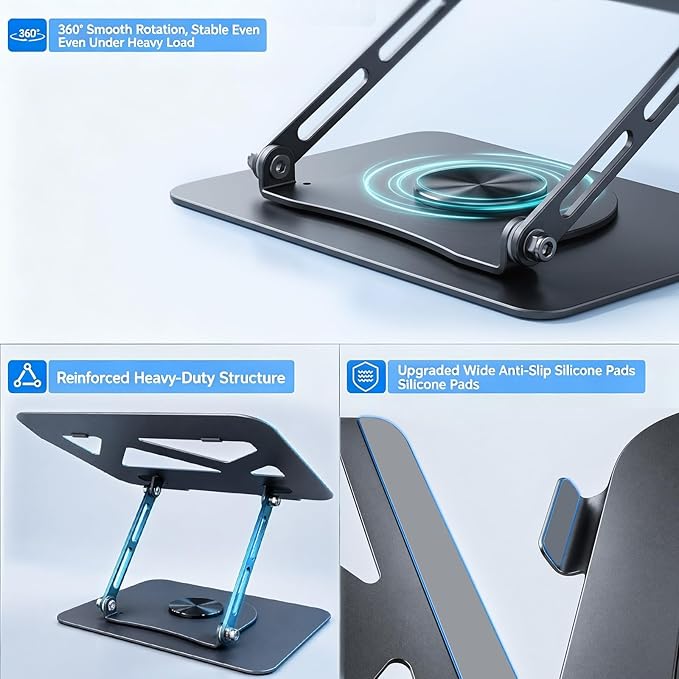 Leeboom Adjustable Laptop Stand for Desk, Ergonomic Height Adjustable Riser, Lecterns & Podiums, 360 Rotating & Foldable, Ventilated Cooling, Fits up to 17.3" Laptops (Gaming Laptops), Dark Silver