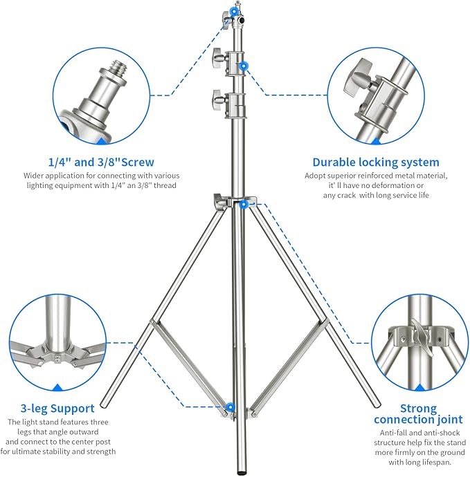 NEEWER 118"/3m Stainless Steel Light Stand, Spring Cushioned Heavy Duty Photography Tripod with 1/4" to 3/8" Universal Screw Adapter for Strobe, LED Video Light, Ringlight, Monolight, Softbox