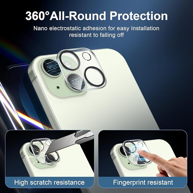 NEW'C 3x for iPhone 15 Plus Screen Protector (6.7 inches)+ 3x Camera Lens Protector, Sensor Protection, Case Friendly Tempered Glass Film + Dust Plug- Easy installation tool include
