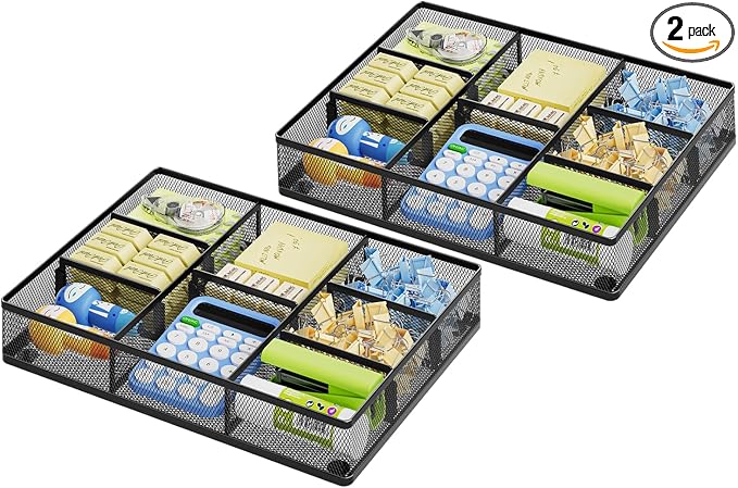 Marbrasse 2Pack Desk Drawer Organizer, Metal Mesh Drawer Organizer Tray with 5 Adjustable Compartments,Desk Organizers and Accessories for Home,Office,Kitchen,Makeup,Vanity (Black)