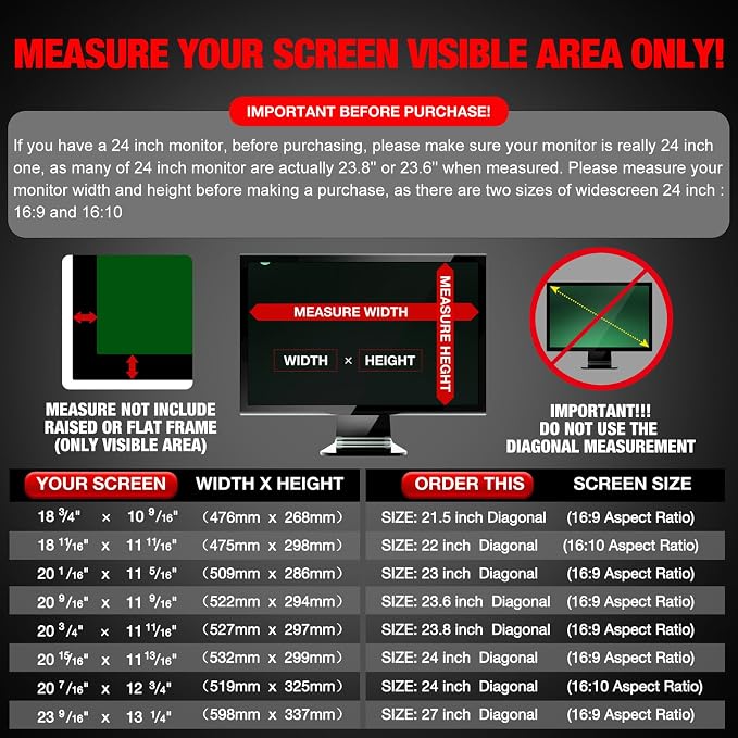 Computer Privacy Screen Filter for 23.8 Inch 16:9 Widescreen Monitor, Anti-Spy/Anti Glare Protector Office Accessories - WxH: 20 3/4" x 11 11/16" (528mm x 297mm)