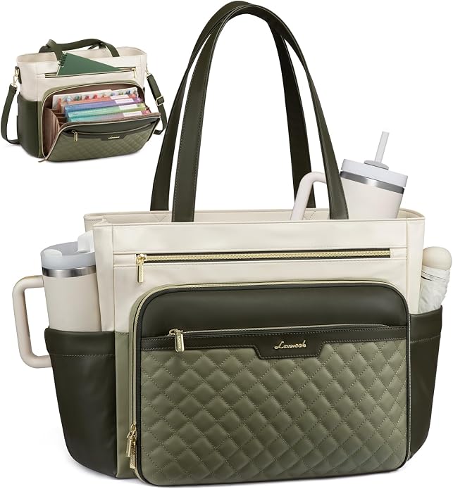 LOVEVOOK Teacher Tote Bag with Accordion File Pocket, Soft PU Leather Work Briefcase Quilted Laptop Bag with Large Cup Holder
