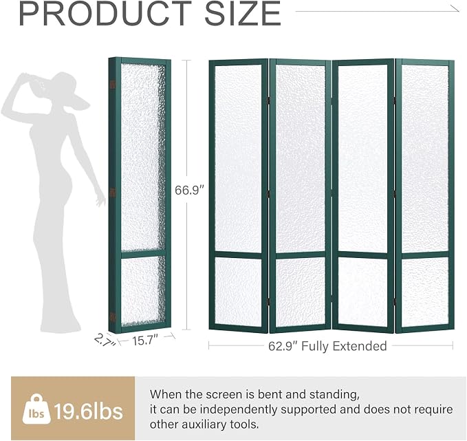 Acrylic Room Divider, 4-Panel Freestanding Partition Screen, Frosted Translucent Privacy Panel - Lightweight Modern Divider for Home Office Studio (Dark Green, 4 Panels)