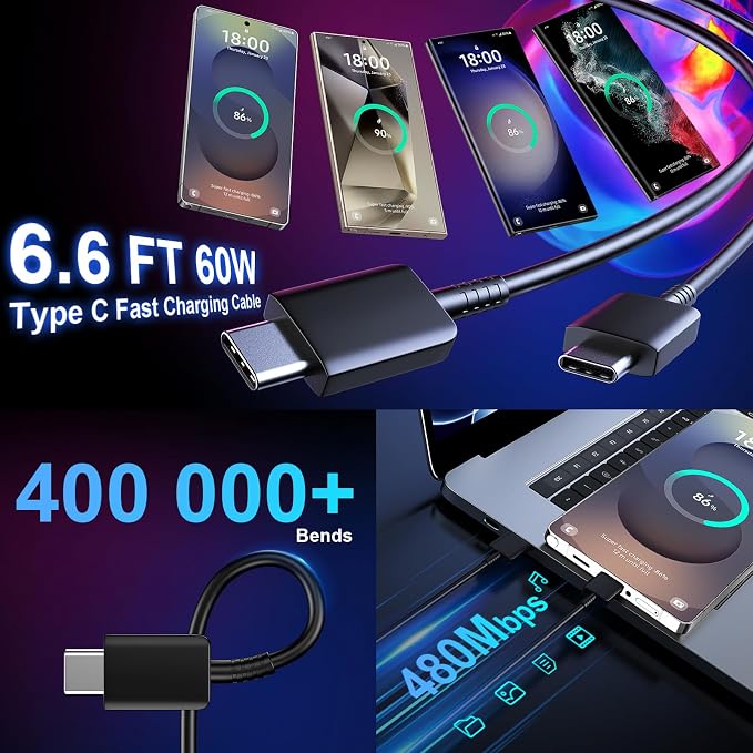 USB C Android Charger Fast Charging Cord, Super Fast Phone Chargers 6.6FT C to C Type Cable with 25W USBC Wall Block for Samsung Galaxy S26 S25 S24 Ultra Plus/S23/S22/S21/S20/Note 20/10, White+Black