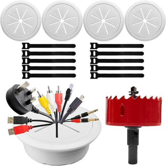 4 Pack TV Cord Hider for Wall Mounted TV, 2-3/8"(60mm) in Wall Cable Management Kit, Includes 4 White Pass Throughs, 1 Hole Saw Drill Attachment & 10 Cable Ties for Easy Install