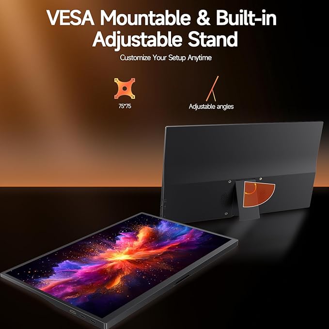 15.6" Portable Monitor 1080P FHD IPS, 250 Nits Brightness, Adjustable Kickstand with VESA Mount, USB-C HDMI, Dual Speakers, Ultra-Slim Travel Laptop Second Screen for Phone PC PS5 Switch