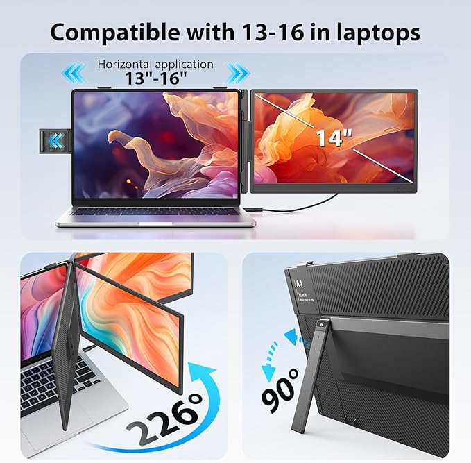 APILDELLA 14'' Laptop Screen Extender 1080P, Portable Dual Monitor Extender for Laptops - USB C and HDMI, Plug-Play for Dual Display on Mac and Windows, Fits 13''-16'' Laptops