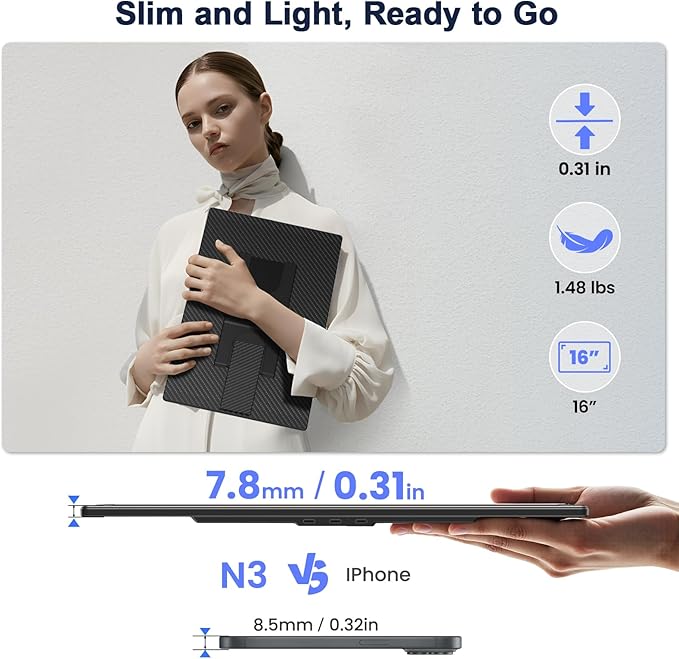 16" Laptop Screen Extender, 1920x1200 IPS Portable Monitor, Borderless Dual Screen Extender with 360° Rotatable Stand, Plug and Play Ultra Slim Travel Monitor for PC, Wins, Switch, PS5