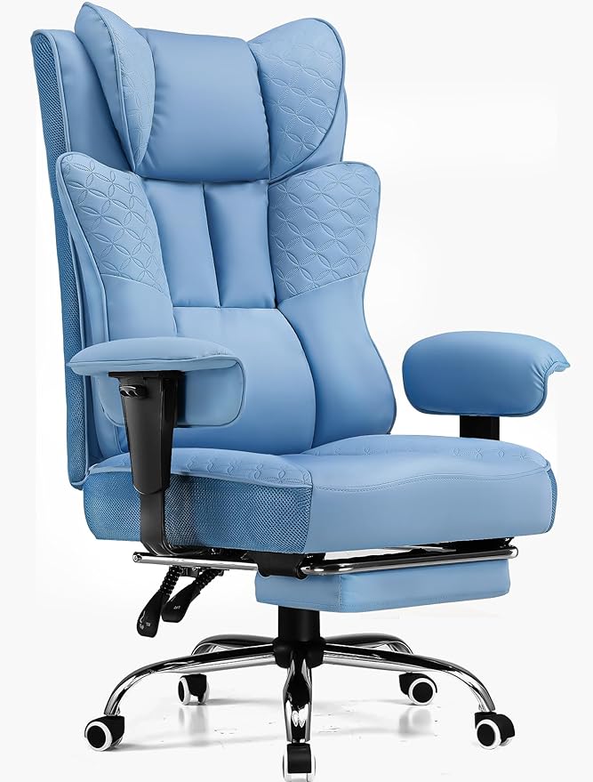 GTPLAYER Big and Tall Office Chair, Wide Ergonomic Gaming Chair with Deluxe Embossing Designed Leather with Foot Rest,150°Reclining Adjustable Soft Armrests Pocket Spring Back Support and Pillow