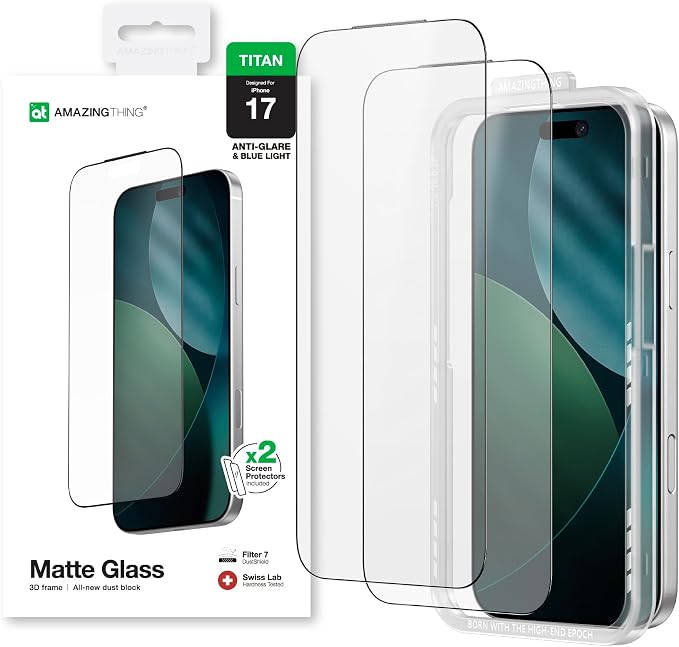 AMAZINGthing for iPhone 17 [Titan Filter 7 - Matte Glass] Screen Protector, Anti-Glare Matte, 9H Tempered Glass, Full Coverage, Case‑Friendly, Oleophobic, Alignement Frame, 2 Pack