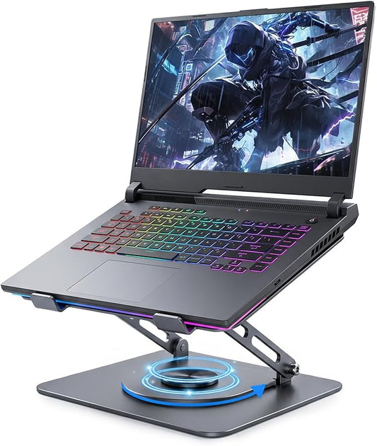 Leeboom Adjustable Laptop Stand for Desk, Ergonomic Height Adjustable Riser, Lecterns & Podiums, 360 Rotating & Foldable, Ventilated Cooling, Fits up to 17.3" Laptops (Gaming Laptops), Dark Silver