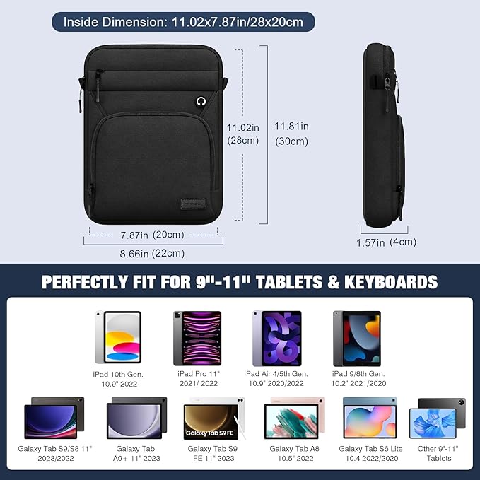 MoKo 9-11 Inch 360° Protective Tablet Sleeve Bag, Fits iPad Air M3 11, 5/4th 10.9, iPad A16 10/9/8/7th 10.2, iPadPro 11 Inch, Tab S8/S9 11, Multifunctional Bag with Shoulder and Headphone Port, Black