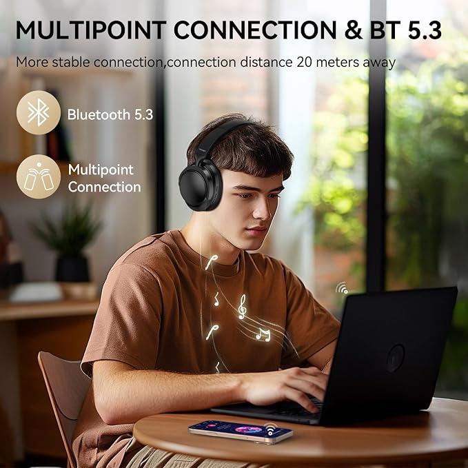 TECKNET Noise Cancelling Headphones Wireless & Wired, 70H Playtime Bluetooth Headphones Wireless Over Ear Built-in Mic,3.5mm Cable Dual Connection Foldable Headset Comfort for Home Office Travel,Black
