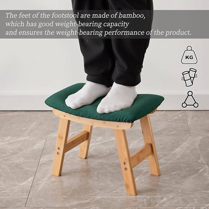 Kitsanery Foot Stool,Ottoman,Bamboo Small Sofa Foot Rest Under Desk,Extra Seating for Living Room, Bedroom and Kitchen (Natural Stool Legs - Green Surface)