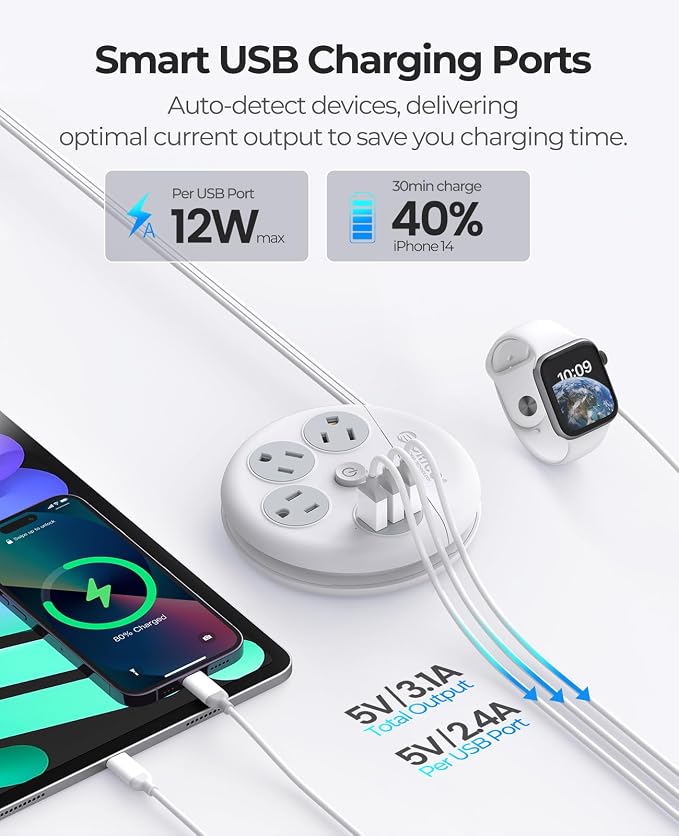 Flat Extension Cord 10 ft, ORICO Round Power Strip with 3 USB Ports and 3 Outlets, Long Extension Cord Flat Plug Outlet Extender, Cruise Power Strip Cruise Approved Travel Essential - White