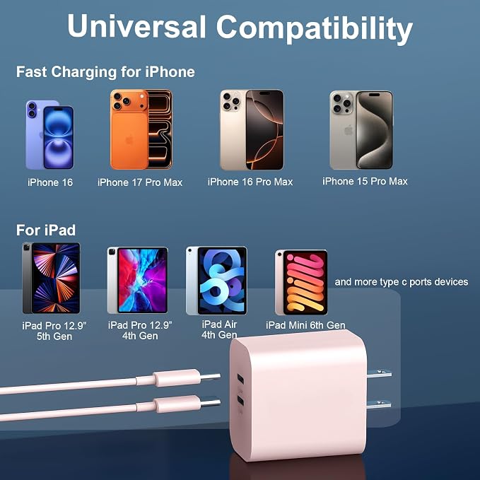 Phone 17 16 15 Charger 10FT, 20W Dual Port USB C Fast Charging Block with 10FT Long USB C to C Charging Cable Cord for Phone 17 16 15 Pro Max/17 16 15 Pro/15/15 Plus,Pad Pro