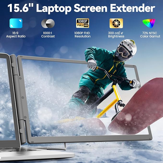 KEFEYA 15.6" Laptop Screen Extender with Magnetic Power Bank, FHD 1080P Triple Monitor Extender for 13-17" Laptop, Plug & Play via Type-C/HDMI/USB-A, Compatible with Mac/Windows/Android