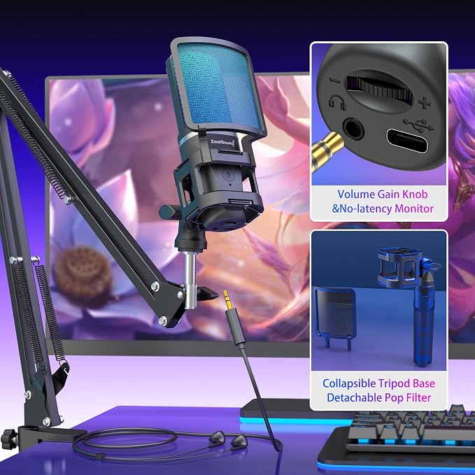 ZealSound Podcast Microphone, USB Mic with Noise Cancellation, Volume & Mute Control, RGB Light, Zero-Latency Monitoring, Gaming Microphones with Boom Arm & Tripod Stand for PC Mac iPhone and Android