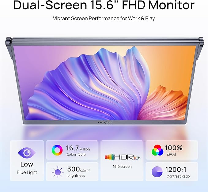 ARZOPA 15.6" Dual Portable Monitor for Laptop, Foldable Stackable FHD 1080P 100% sRGB IPS Extender, USB C & HDMI Connectivity, Adjustable Kickstand, for Mac PC Windows Gaming Office Travel-E1 Gray