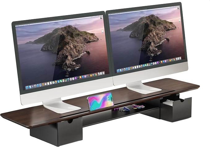 Mount-It! Extra Wide 39" Dual Monitor Stand Riser with 2 Drawers, Holds 66 lbs, Real Wood Platform, Built-In Device Slot, Removable Shelf, Home Office Desk Organizer