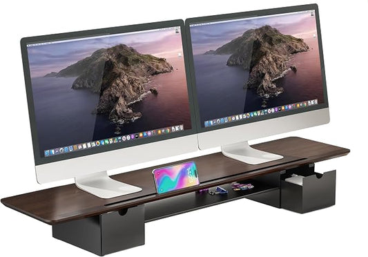 Mount-It! Extra Wide 39" Dual Monitor Stand Riser with 2 Drawers, Holds 66 lbs, Real Wood Platform, Built-In Device Slot, Removable Shelf, Home Office Desk Organizer