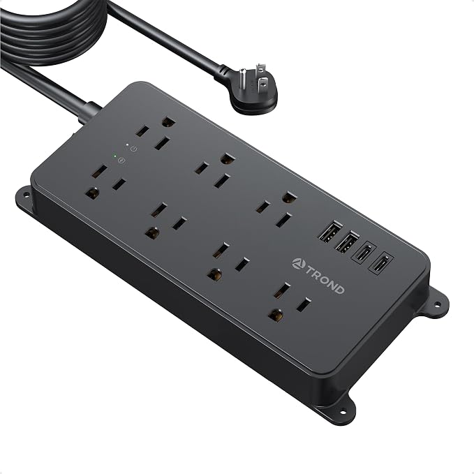TROND Surge Protector Power Strip, Flat Plug 15ft Long Extension Cord, 7 Widely-Spaced Outlets with 4 USB Ports, ETL Listed, 1700J, Wall Mountable, for Home Office Garage, Black