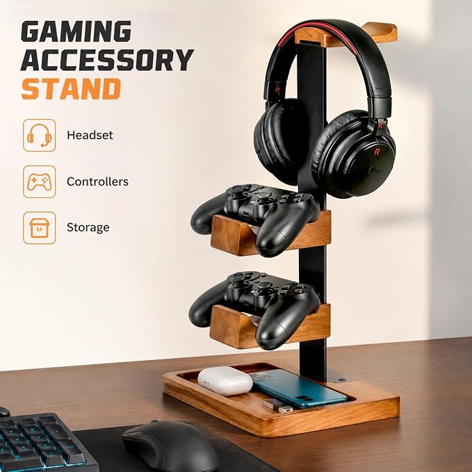 Headset Stand with Dual Controller Holder, Solid Wood Headphone Stand with Storage Base, Gaming Equipment Accessories for Desk