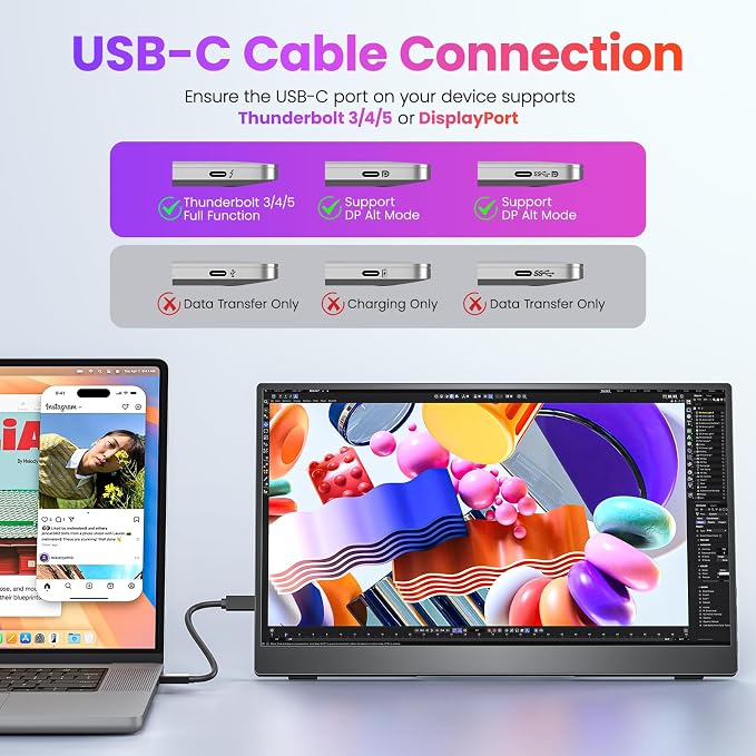 Upperizon Portable Monitor 15.6 inch FHD 87% sRGB 60Hz IPS HDR HDMI USB-C Travel Monitor for Laptop MacBook PC Surface PS5 Xbox, External Display with Kickstand & Speakers, VESA Compatible