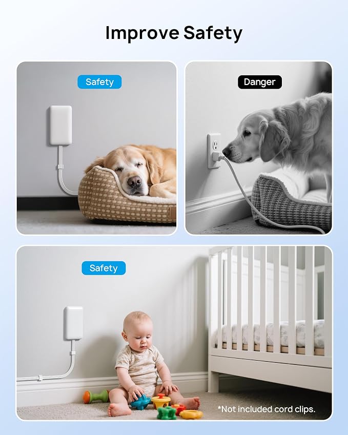 TROND 3FT Flat Extension Cord with Ultra-Thin Outlet Cover, Flat Wall Plug Power Strip with 4 AC 4 USB Ports, Hidden Outlet Extender for Tight Spaces, 10A/1250W, 900J Surge Protection, White