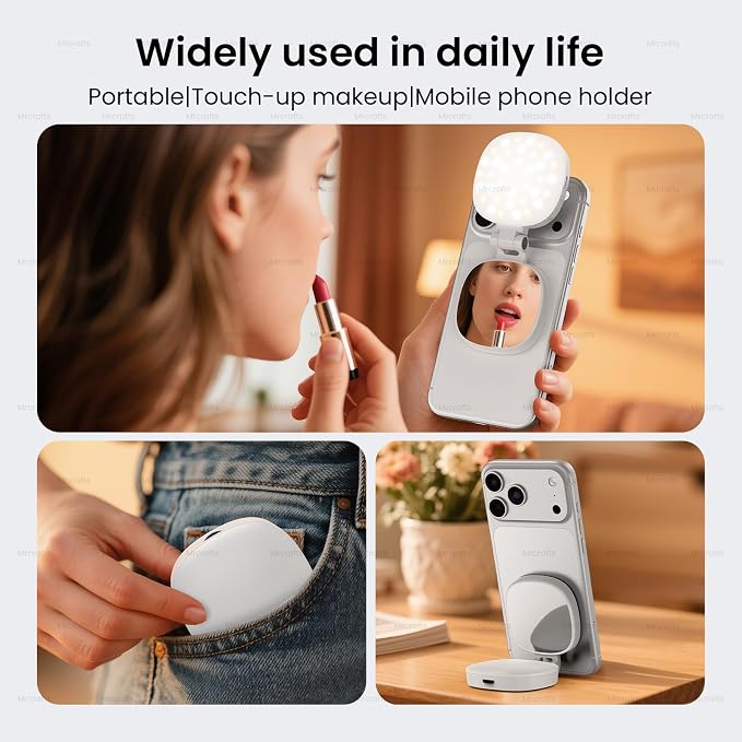 MrCrafts Magnetic Selfie Light for Mobile Phones with Mirror, 3 Modes Portable Light, Rechargeable Light with Magnetic Ring, Suitable for Photography/TikTok/Zoom Calls/Video Conferencing