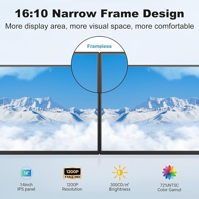 DEPGI 14" Laptop Screen Extender, 1200P FHD One Cable Connect Portable Triple Monitor, Dual Screen Monitor Fits 13"-17.3" Laptop with Stand for MacOS/Windows