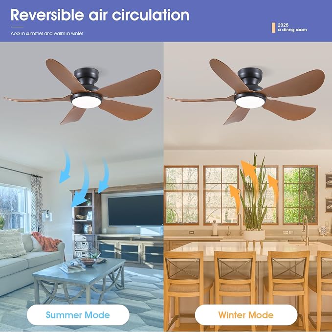Kviflon 46 Inch Modern Ceiling Fans with Lights, Flush Mount Ceiling Fan, Remote/APP Control, 5 Reversible Curved Blades, 6 Speeds, 3 CCT Dimmable LED Lights for Bedroom Kids Room, Brown
