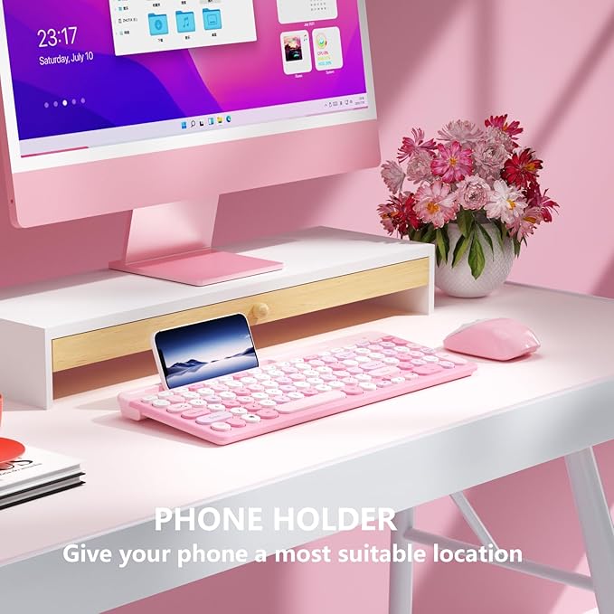 Retro Wireless Keyboard with Round Keycaps, 2.4GHz Full-Size USB Cute Wireless Keyboard Mouse for Computer, Desktop, Laptop and Computer (Pink-Colorful)