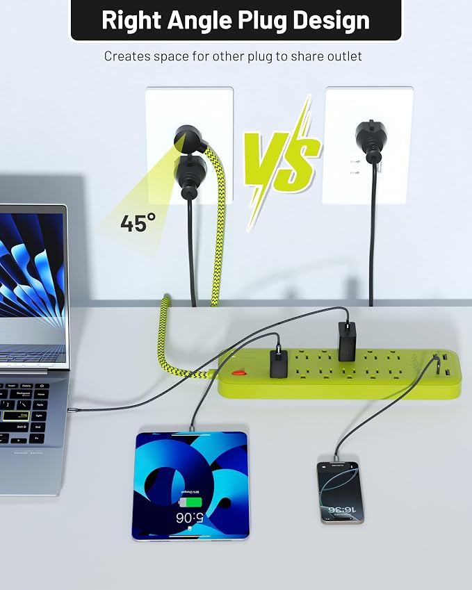 USB Surge Bar 12 Power Strip - 12 Outlets 4 USB Ports(1 USB C), Multi Plug Outlet Extender with 6Ft Braided Extension Cord, 3600 J, Wall Mount, Flat Plug, Desk Charging Station for Office Home