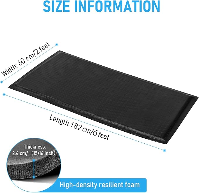 2'x6' Anti Fatigue Mat Industrial 15/16" Thick Soft Sponge Cushioned Floor Mat, Heavy Duty Diamond Plate Anti-Skid Standing Mat, Work Shop Mat (Black)