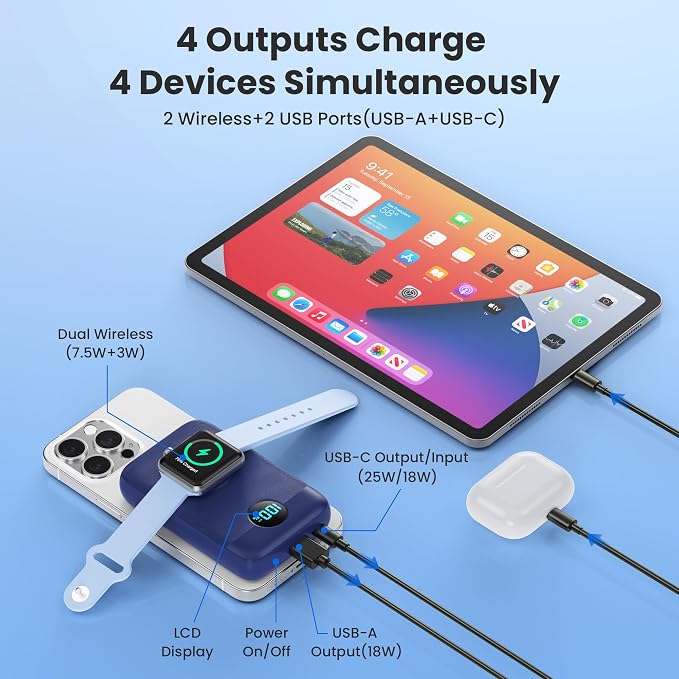 Magnetic Portable Charger for iPhone,10800mAh 4-in-1 Power Bank with iWatch Charger,25W PD Fast Charging Battery Pack for Magsafe,iPhone 17/16/15/14/13/12 Series,Apple Watch,Travel Essential,Blue