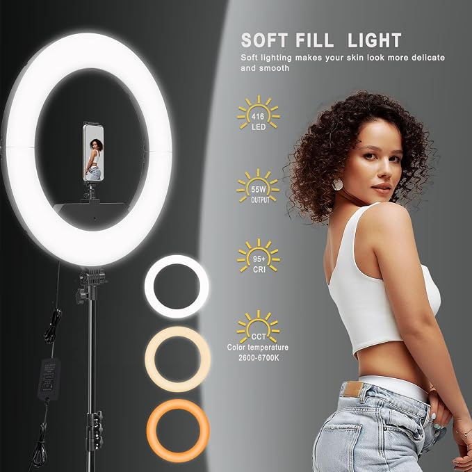 Ring Light 18 INCH Kit,55W6700k Dimmable LED Light, Tripod Stand, Remote Controller,Box for Camera,Smartphone,YouTube,TikTok,Self-Portrait Shooting,CRI95 (Black)