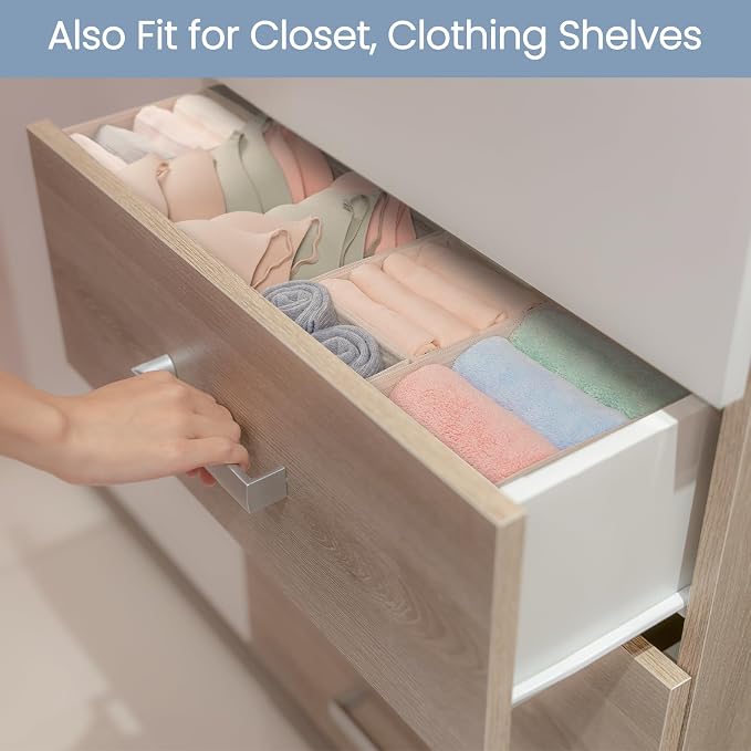 Criusia Drawer Organizer Clothes, 24 Pack Underwear Drawer Organizers, Foldable Closet Organizers and Storage Dresser Drawer Dividers Clothing Organizer for Clothes, Socks, Scarves, Bra, Ties (Beige)