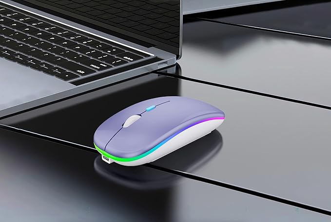 WREANU Wireless Bluetooth Mouse Rechargeable Laptop Mice with LED Lights Silent Slim Use(BT5.2 and 2.4G Portable USB Receiver)Dual Mode Computer Mouse for Laptop/iPad/Tablet/Apple/Computer/Mac(Purple)