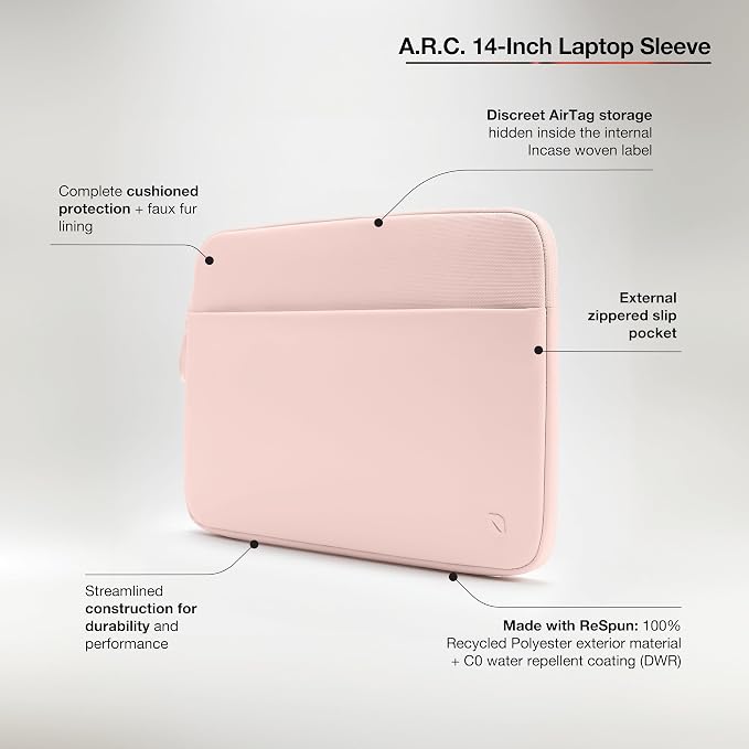 Incase A.R.C. Laptop Sleeve 14 Inch – MacBook Case with Faux Fur Lining, External Pocket – Fits MacBook Pro Air Lenovo Dell HP – Laptop Cover, Computer Case - Travel, Work, College - Peach