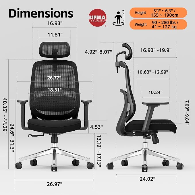 Ergonomic Office Chair, Home Office Desk Chairs, 3D Lumbar Support High Back Desk Chair, Comfortable Computer & Gaming Chair for Office & Home - Black