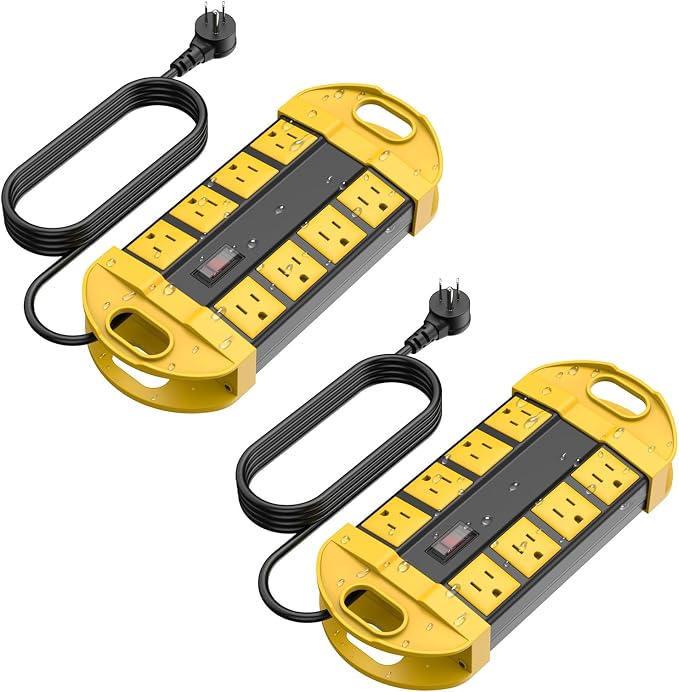 CCCEI 2 Outdoor Power Strips Weatherproof with 8 Plug, Waterproof Extension Cord with Multiple Outlets, Christmas Exterior Garden Yard Surge Protector 15FT, Yellow.