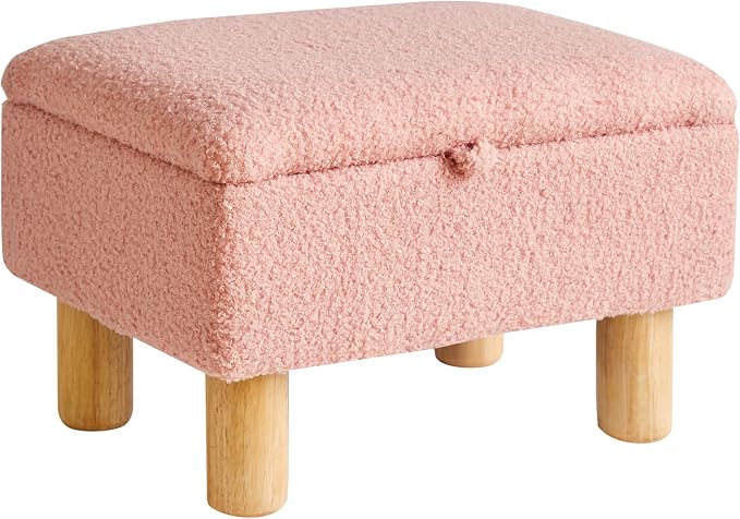 Aibiju Teddy Velvet Small Ottoman Foot Rest, Foot Stools with Storage Small, Upholstered Rectangle Wood Ottoman with Safety Hinge Flip Top, Bed Stool for Bedroom Dorm Teddy Pink YD-JD136P
